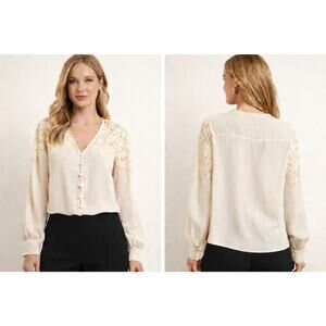Nicole Miller Lace Bodice Blouse Cream Long Sleeve Button Front Size L NWT